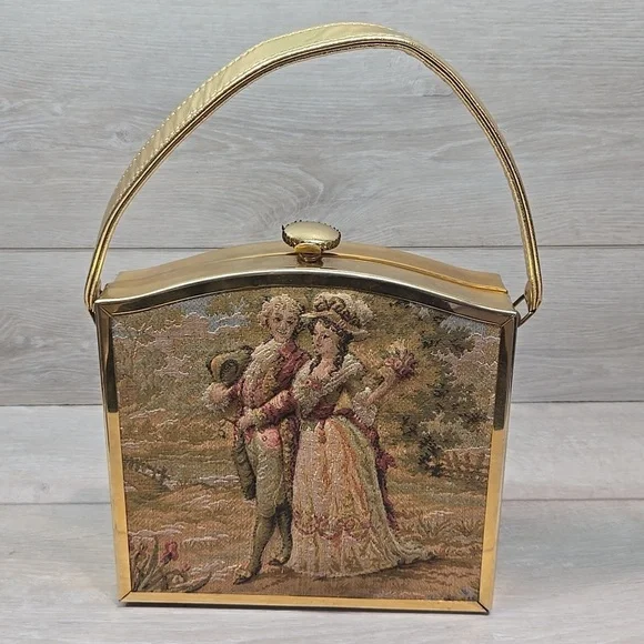 Vintag1960s TYROLEAN Bag Tapestry Cloth Embroidered Puffed Puffy Victorian Purse - Picture 1 of 13